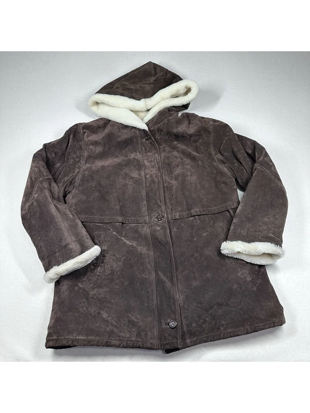 Wilsons VTG 80's Women Dark Brown Suede Shearling Lined Hooded Winter Coat SZ XL